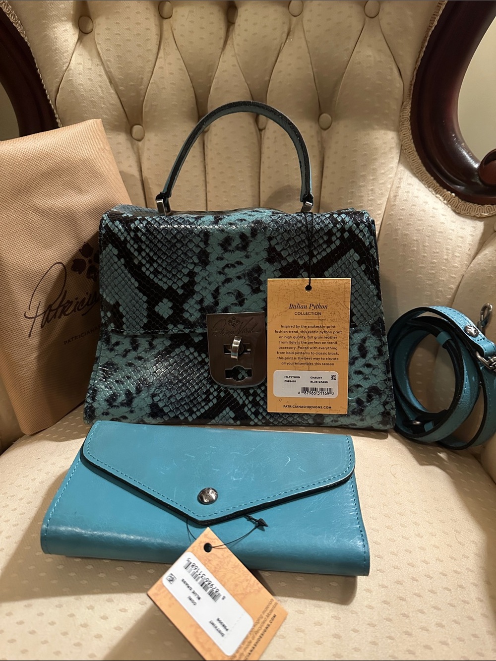 Patricia Nash Teal Python-Print Top Handle Satchel with Matching Wallet